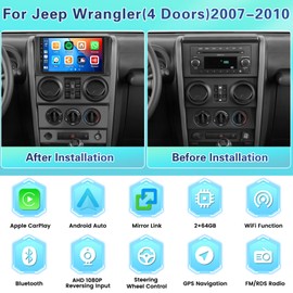 Fuluku Android 13 Car Stereo 2+64G for Jeep Wrangler (4 Doors) 2007-2010 with Wireless Carplay Android Auto Mirror Link, 9'' Touchscreen Radio WiFi GPS FM RDS Bluetooth SWC Backup Camera Mic