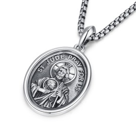 Hagkew Saint Jude Necklace 925 Sterling Silver St Jude Medal Necklace San Judas Tadeo Pendant Oval Religious Catholic Amulet Protection Jewelry for Men