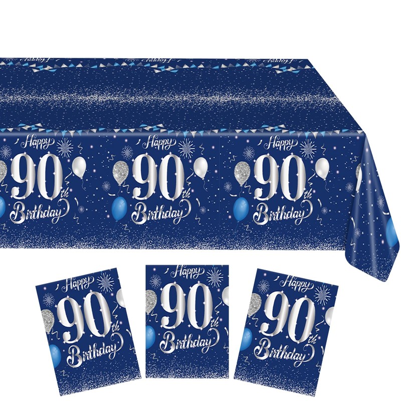 Xiliconie 3PCS 90th Birthday Tablecloth Blue and Silver Theme Party