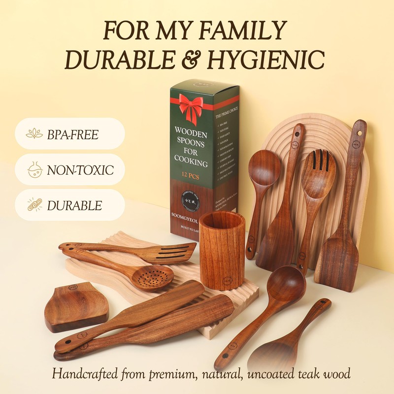 Wooden Spoons for Cooking – 12-Piece Teak Wood Utensil Set