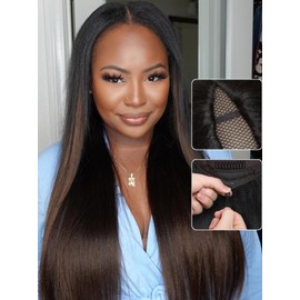 Nadula EasiContour Yaki Straight V Part Wig Human Hair with Drawstring No Leave Out Black to Chestnut Brown Ombre Highlight Clip in Vpart Wig,Glueless Upgrade Yaki U Part Wig 180% Density 18inch