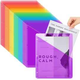 Seajan 24 Pcs Binder Pockets for 3 Ring Binder Clear Plastic Folders Sleeves 3 Hole Punch Document Dividers Poly Slash File Jacket Organizer with 2 Pockets for Office School (Multicolor)