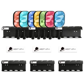 Pickleball Racket Ball Holder Holds 4/12 Paddles Pickleball Storage Rack with Label to Track Next Up Players Pickleball Paddle Holders To Fence Wall Hanging Storage Outdoor Not Include Paddles (1)