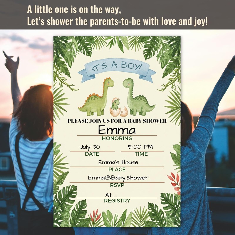 WENFLY Dinosaur Baby Shower Invitations Card, Party Invitations Kit with
