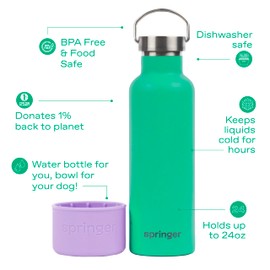 Springer Springer Dog and Me 24oz Stainless Steel Insulated Water Bottle - Cold for 12+ Hours C Portable Dog Water Bottle with Integrated Travel Water Bowl for Dogs, Portable Dog Water Bottle C Lilac/Green