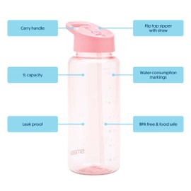 Smash 1 Litre Drink Bottle with Water Timings, Pink