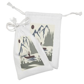 Ambesonne Fishing Theme Fabric Pouch Set of 2, Abstract Man Angling on Boat Natural Motifs with Mountains Trees River, Small Drawstring Bag for Toiletries Masks and Favors, 9" x 6", Ivory Multicolor