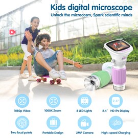 Kids Microscope AUKCLAX Pocket Microscope for Kids 200X-1000X 2.4"IPS 1080P Handheld Digital Microscopes for 3 4 5 6 7 8 9 10 11 12 Year Old Boys Girls Science Toy kits for kids Birthday Gifts(Purple)