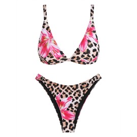 ZAFUL Women's 2 Piece Floral Print Swimsuit Triangle String High Cut Bikini Sets Bathing Suit(1-Leopard, Medium)