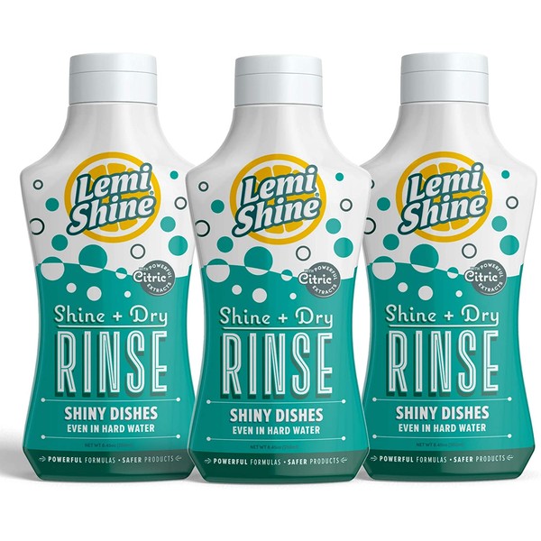 Lemi Shine - Shine + Dry Natural Dishwasher Rinse Aid, Hard Water Stain Remover 8.45 oz - 3 pack Bundle