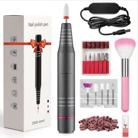 Electric Nail Drill for Acrylic and Gel Nails, 20000 RPM Portable E File Machine, Low Vibration Quiet Nail Drill Machine with 11 Bits and Sanding Bands, USB Powered for Manicure Pedicure,Gray