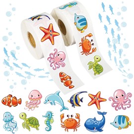 1200 pegatinas de animales del océano, rollo de dibujos animados de vida marina, etiqueta de pescado, etiquetas de criatura marina para regalos de fiesta temática del océano, recompensas de maestros