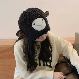 Cute Sheep Ear Winter Skull Beanie Hat Warm Thick Plush Lamb Wool Bonnet Cap for Women Girls Black