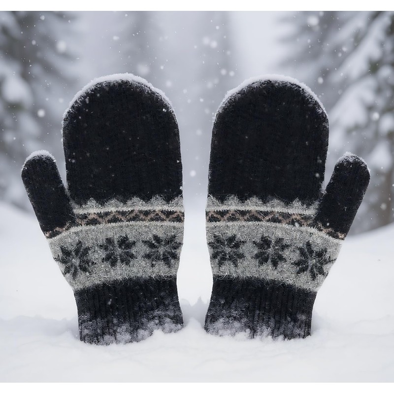 Kids Winter Soft Warm-Knit-Mittens, Boys-Girls Snowflake-Print Warmly Double-Layer Snow-Mittens Ski-Gloves