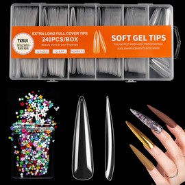 Clear Nail Tips for Acrylic Nails 3XL Extra Long or False Square Nail Extension Tips for Manicure Salon Nail Art (240 Pieces XXXL Long Stiletto/Decorations, 12 Sizes)
