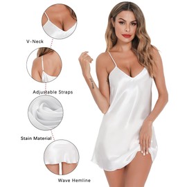 Lovasy Satin Nightdress Women's Negligee Sexy Black Short Chemise Spaghetti Straps Babydoll V Neck Sleepwear Sleepwear Underdress Night Dress, Y-white