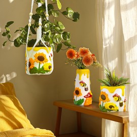 GUGUGO Bees Sunflowers Hanging Planters, Cute Unique Hanging Plant Pots with Drainage, Colorful Small Mushrooms Flower Pot for Indoor Plants with Plant Hangers, Funny Hanging Basket Gardening Gift