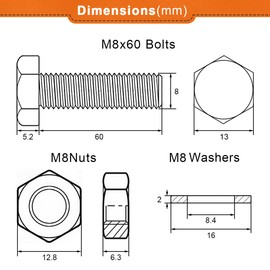 Drenky Bolts and Nuts Washers, 10 Pcs M8 Nuts and Bolts Assortment 304 Stainless Steel Hex Bolt and Nut M8 x 60mm Machine Screws and Nut