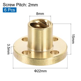 MECCANIXITY T8 Lead Screw Trapezoidal Nut Round 2mm Pitch 8mm Lead for 3D Printer Brass Tone Pack of 6