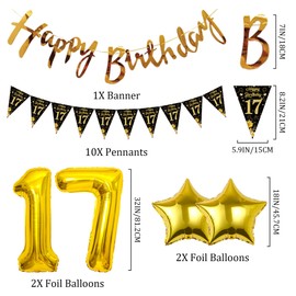 Xietaea Deko 17 Geburtstag Jungen Mädchen - Schwarz Gold Luftballons Happy Birthday Girlande Tortendeko, XXL Zahlenballon Hängende Spiralen und Wimpel für 17 Jahre Geburtstagsdeko
