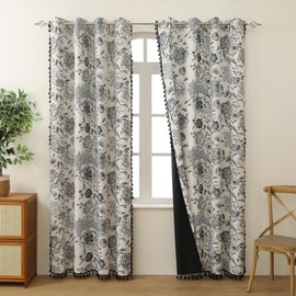 LOHUT,100% Blackout Black Floral Farmhouse Curtains Living Room Thermal Insulated Drapes, Elegant Peony Pattern & Tassel Curtains 2 Panels Blocking Curtains for Windows Floral Drapes (52W*84L)