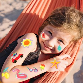 winthrop 120 Pcs Summer Temporary Tattoos for Kids, Metallic Foil Bronzing Style, Individually Wrapped Safety Waterproof Tattoos, Best Choice for Hawaiian Pool Beach Party Matching Game, 60 Designs