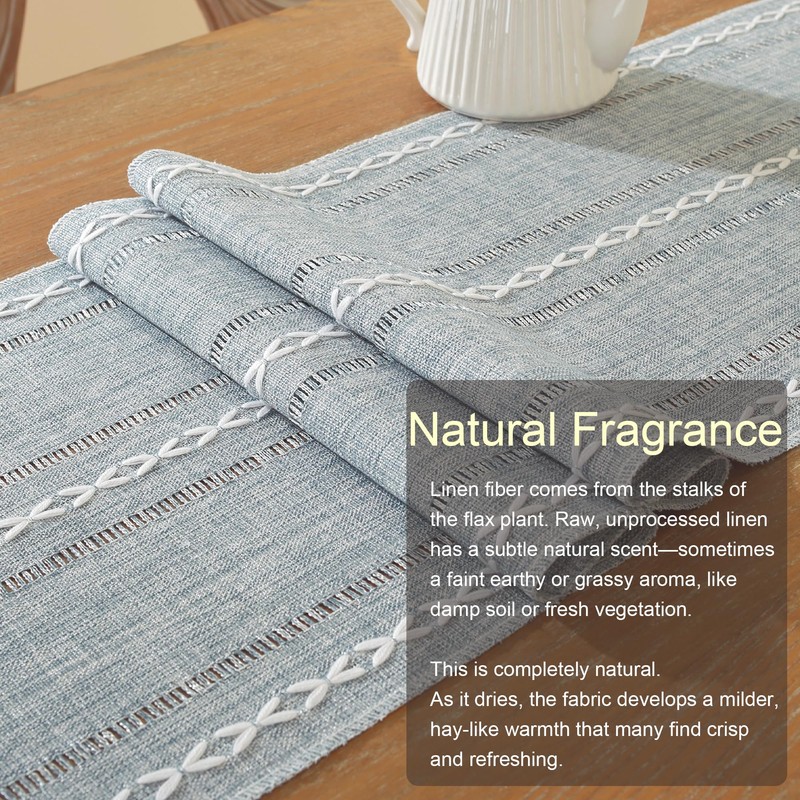 Farmhouse Decor Boho Table Runner with Macrame, Elegant Dusty Blue
