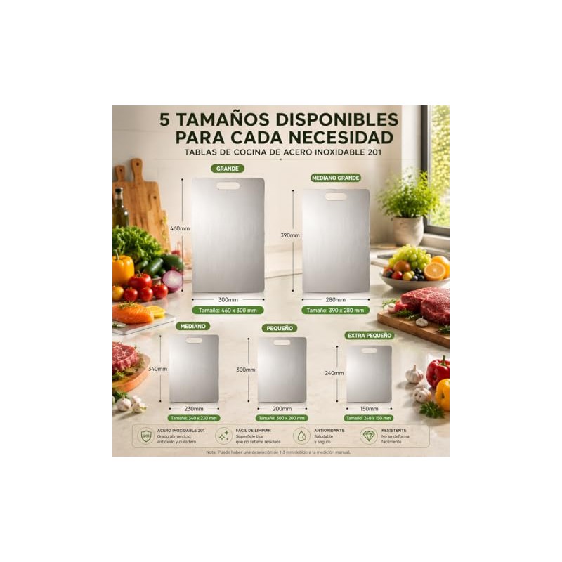 5 Tablas para Picar de Acero Inoxidable 304, Antideslizante Doble,