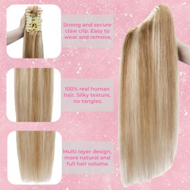 UAAUAA Claw Clip Ponytail Extension Real Human Hair Long Straight Hairpiece for Women (Balayage Caramel Blonde to Bleach Blonde, 20 inch)