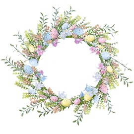 Sunvissh 18 Inch Easter Wreaths for Front Door, Artificial Spring Wreath with Colored Eggs Wildflowers, Easter Egg Wreath for Home Wall Window, Farmhouse Holiday Decor