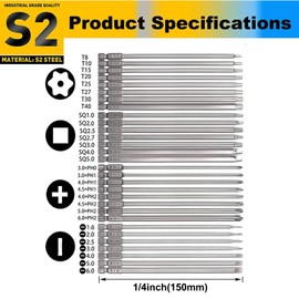 Mixiflor 30 Pcs Long Screwdriver Bits for Drill Set, 1/4 Inch Hex Shank S2 Steel Magnetic 6 Inch Long Drill Bits with Storage Box(Slotted+Cross+Square +Torx)