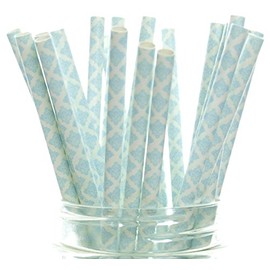 Light Aqua Baby Blue Damask Floral Straws (25 Pack) - Boy Baby Shower Supplies, Victorian Damask Party Straws, Wedding Vintage Straws, Flower Swirl Paper Straws