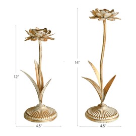 Remenna Antique Gold Metal Flower Taper Candle Holder, Rustic Farmhouse Style, Set of 2, Centerpiece Wedding Festive Christmas Mantel Decoration