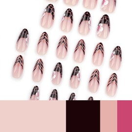 Press on Almond Nails Spring Glossy Full Cover Medium Almond False Nails with Floral Designs Artificial Almond Shaped Fake Nails with Charms Glue Stick ons Fingernails for Women Girls(JP3532)