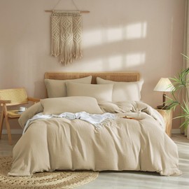 Luofanfei Cotton Muslin Bed Linen 135 x 200 cm Taupe Khaki Renforce Plain Summer Cooling Boho Bed Linen Set Soft Duvet Cover Wrinkle Look Non-Iron with Zip and Pillowcase 80 x 80 cm