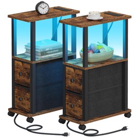 TUTOTAK Small Narrow End Tables, LED Side Tables with 2 Fabric Drawers, Set of 2, Bedside Tables with Charging Station for Small Spaces, Slim Nightstands with USB Ports and Wheels, TB01BB053CL