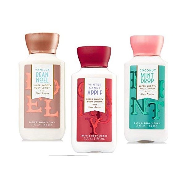 Bath and Body Works 3 Pack Holidays Fragrances. Winter Candy Apple, Coconut Mint Drop & Vanilla Bean Noel. Travel Size Body Lotion. 3 Oz. New Super Smooth Formula.