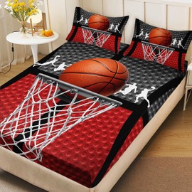 AILONEN 3D Basketball Sport Fitted Sheet Set for Kids,Boys Bedroom Decor,Basketball Framework Bedding Set Twin Size,Gaming Sports Theme Bed Sheet Set,1 Fitted Sheet + 2 Pillow Case,3 Pieces,Soft