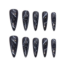 JUSTOTRY 24 Pcs Glitter Stiletto Fake Nails Long,Black French Press on Nails Patterns, Beautiful Swirl Almond Stick on Nails for Women, Acrylic Extra Long False Nails Long for Nail Art