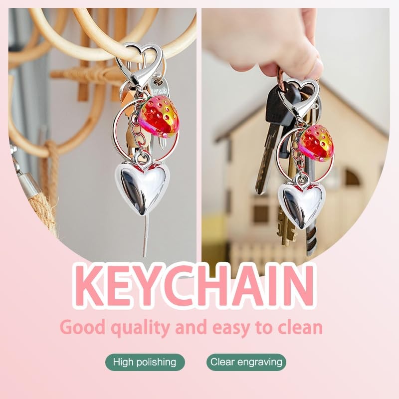 Strawberry Heart Charm Keychain for Keys Y2k Silver Heart Keychain
