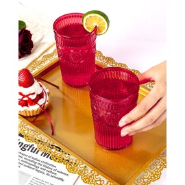 Ciaell 12 Pack Romantic Plastic Water Glasses - 14 Oz Red Vintage Drinking Glasses, Embossed Ribbed Plastic Cups, Textured Striped Set for Juice, Beverages, Beer, Cocktail