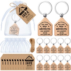 Suncalla 40 Sets New Home Keychains Estate Agent Gifts for Clients Bulk Wooden House Shaped Keychains with Sweet Home Cards and Bags