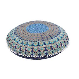 Sophia-Art Large 32 Inch Round Cushion Cover, Decorative Multi Mandala Pillow Case, Indian Bohemian Ottoman Poufs, Pom Pom Cushion Covers, Outdoor Pillow Case (Blue Mandala)