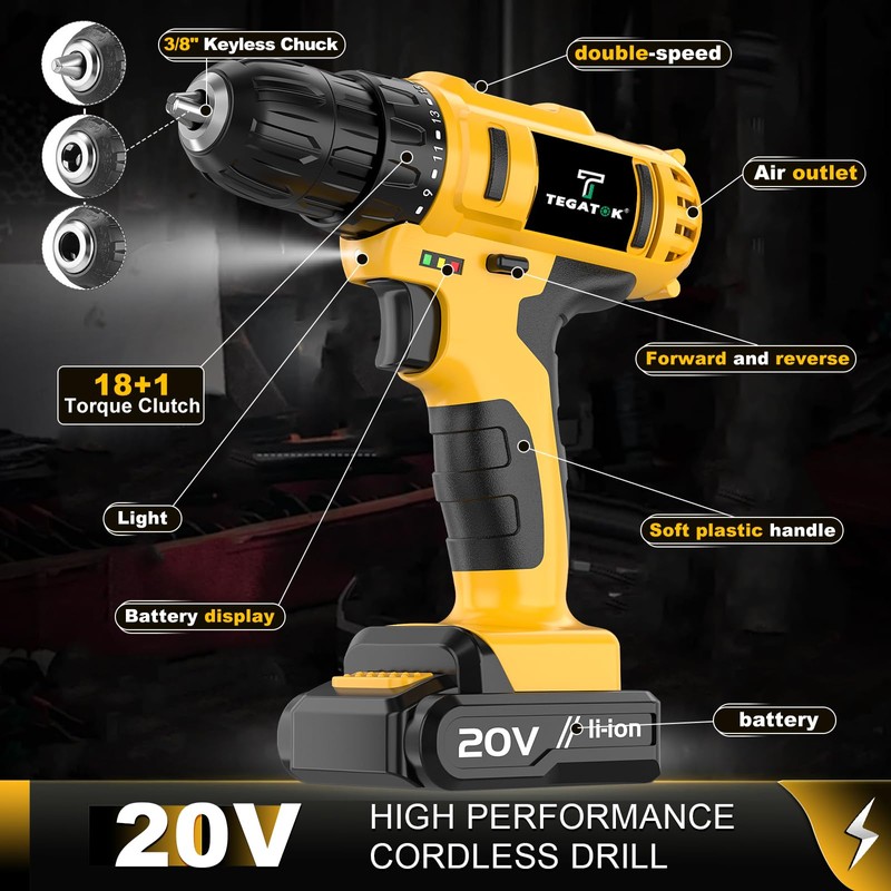 20V Cordless Drill/Driver, Electric Screwdriver - 2 Batteries, 45Nm, 2