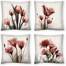 QUALKNOY Set of 4 Cushion Covers 18"x18" Red Flower Linen Modern Art Decorative Throw Pillow cases 45 x 45cm for Living Room Sofa Outdoor Pillowcases