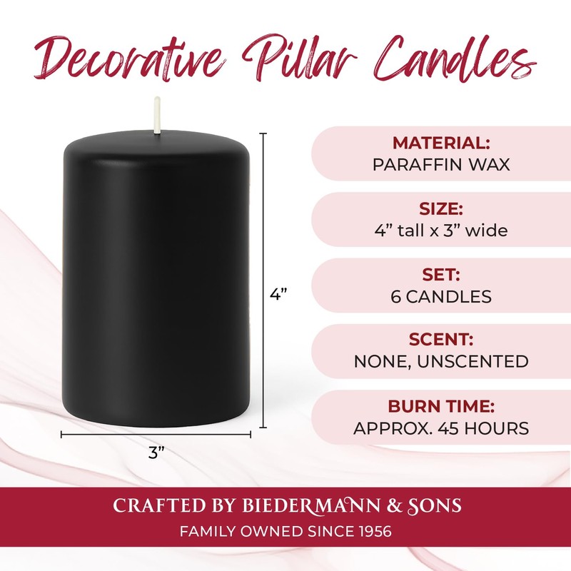 Biedermann & Sons 45-Hour Long Burning Unscented Pillar Candles, Black,