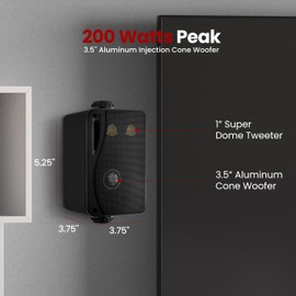 Pyle 3-Way Indoor & Outdoor Box Speaker System - 3.5" 200 Watt Compact Wall Mount Speakers for Home, Patio, Deck, Garage, Poolside, or Studio Use - Dual Speaker Set - PLMR24B (Black)