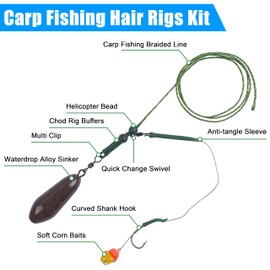 Carp Fishing Rigs Kit Carp Hair Rigs Tackle Include Hooks, Swivels, Corn Bait, Leader Line, Handmade Setup Carp Rigs Accessories (Type D)