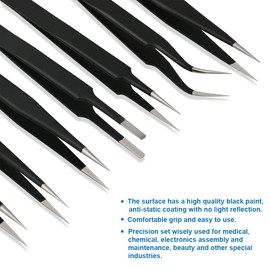 MMOBIEL 7 x Industrial Precision ESD Tweezers Anti-Static Stainless Steel for Electronics Tools, Jewelry, Computer, Laboratory Work and Hobbies etc.