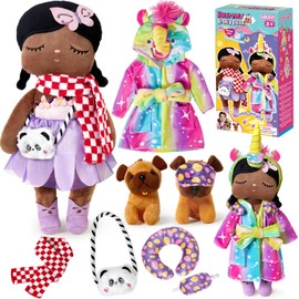 Merrymint Soft Rag Doll 34 cm Set with Dog & Accessories, Rainbow Unicorn Bathrobe, Gift for Girls & Children from 3 Years, Cuddly Doll Doll Set Birthday Christening Gift